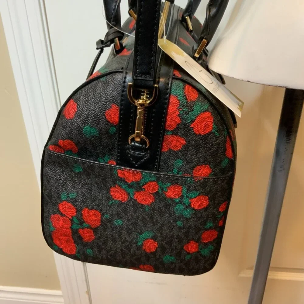 Michael Kors Hayes Black Red Rose Pebbled Leather Satchel MK